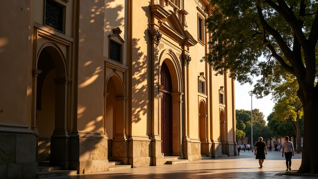 Fachada frontal de la Catedral de Córdoba bajo la luz de la tarde, con sombra de árboles cercanos