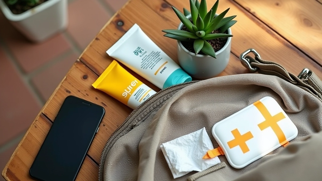 Mochila pequeña con elementos de seguridad: protector solar, botiquín básico, teléfono móvil