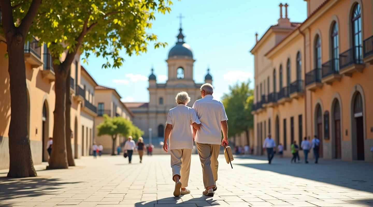Pareja disfrutando de una caminata tranquila en la plaza