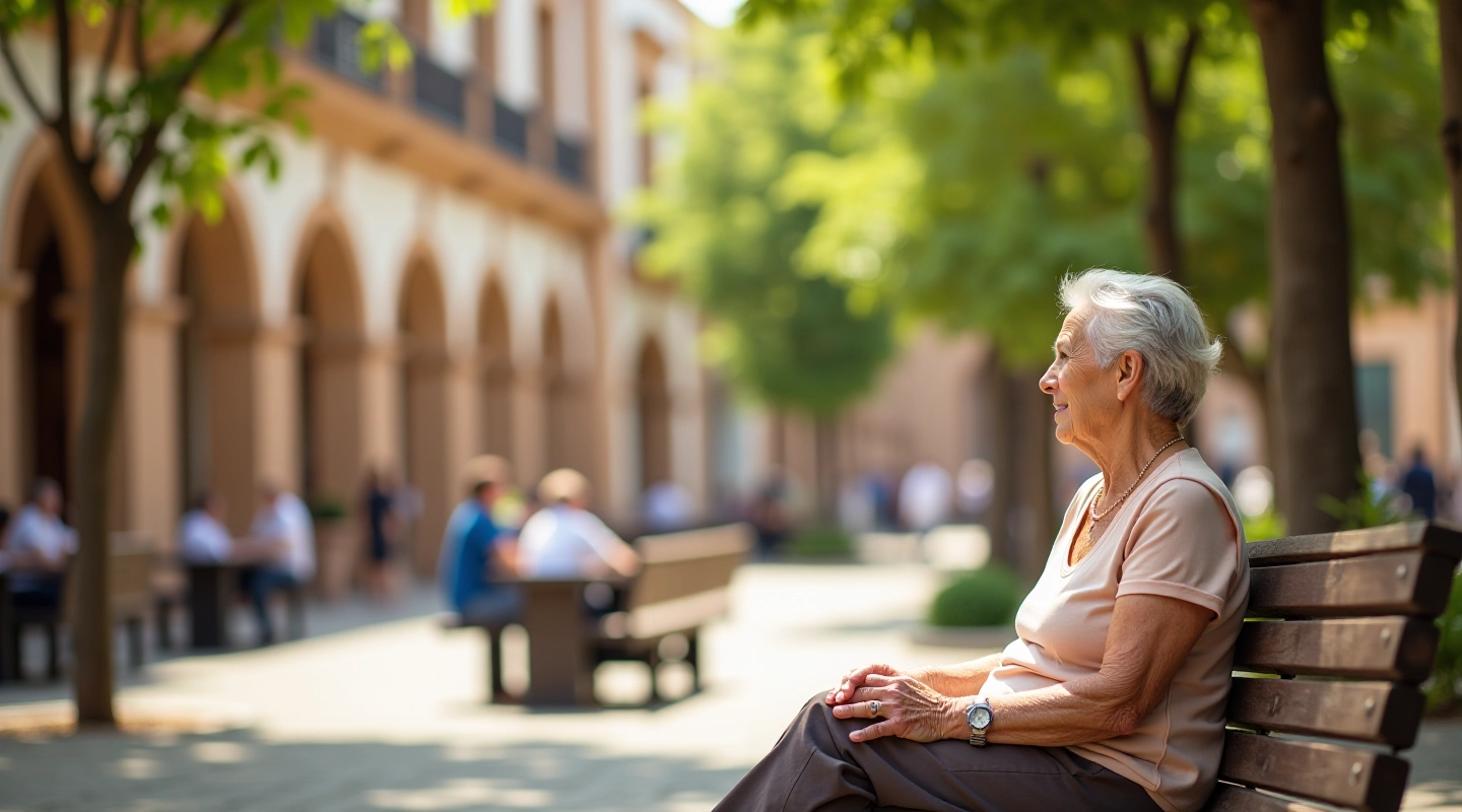 Jubilada descansando en la plaza histórica, con arcadas coloniales al fondo