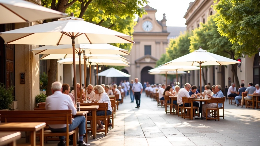 Mesas de cafetería al aire libre con sombrillas en la zona de la plaza San Martín, Córdoba