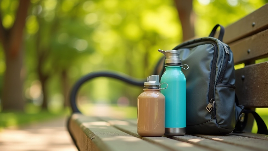 Botellas de agua y bebidas rehidratantes en bolso de caminata, con descanso en banco