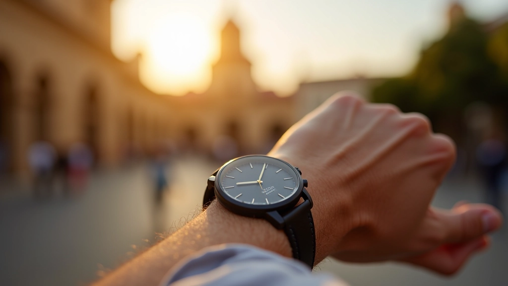 Reloj de pulsera mostrando la hora, con vista de plaza y catedral al fondo, luz matinal